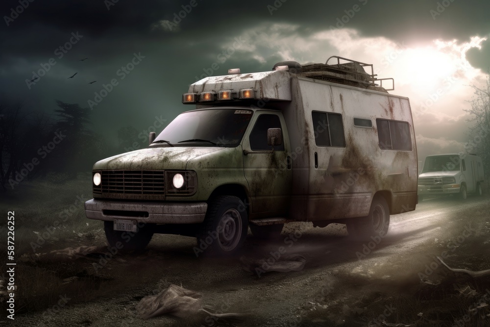 Fototapeta premium Destroyed ambulance war zone. Generate Ai
