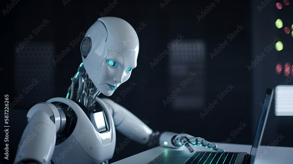 Robot typing on a laptop keyboard. Generating text and using a chatbot, artificial intelligence, generative ai Robot typing on a laptop keyboard. Generating text and using a chatbot, artificial intelligence, generative ai