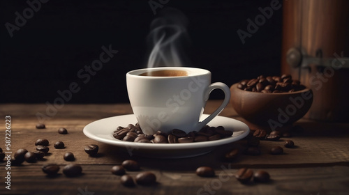 Hot Coffee Cup with Beans on a rustic wooden table and black background