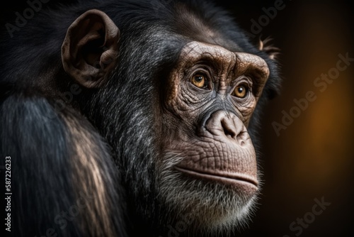 Chimpanzee portrait on dark background, close-up. Generative AI © LAYHONG
