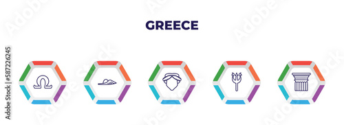 editable outline icons with infographic template. infographic for greece concept. included omega, , muse, poseidon, pillar icons.