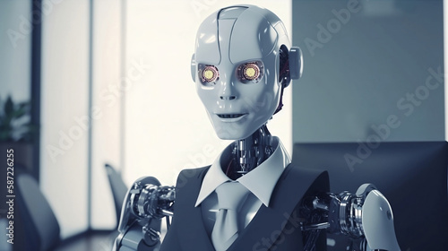 Futuristic robot in a suit and tie wornking in a company.