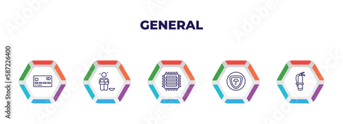 editable outline icons with infographic template. infographic for general concept. included credit cards, poverty, patch crop, insurance with a button, fire estinguisher icons.
