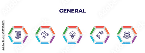 editable outline icons with infographic template. infographic for general concept. included filament, inauguration, , agitation, group opinion icons.
