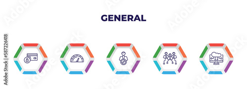 editable outline icons with infographic template. infographic for general concept. included credit limit, credit rating, impeachment, hr strategy, computing technology icons.