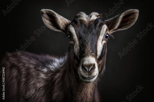 Portrait of a goat on a dark background. Close-up. Generative AI