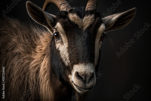 Portrait of a goat on a black background, close-up, Generative AI