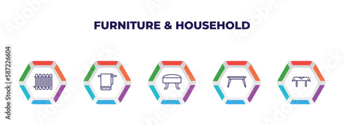 editable outline icons with infographic template. infographic for furniture & household concept. included heating unit, towel, footstool, table, table linens icons.