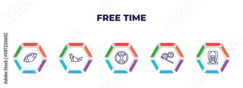 editable outline icons with infographic template. infographic for free time concept. included rugby ball, origami, zorbing, billiard, hiking icons.