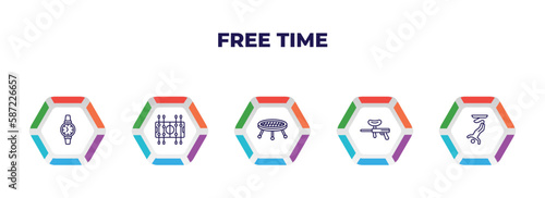 editable outline icons with infographic template. infographic for free time concept. included watches, table football, jumping, paintball, bungee jumping icons.
