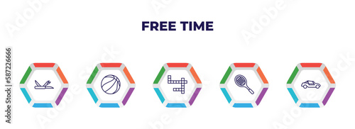 editable outline icons with infographic template. infographic for free time concept. included multitool, sports, crossword, tennis racket, buggy icons.