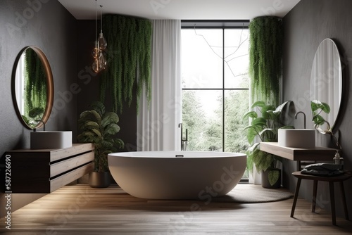 spacious bathroom with a contemporary white bathtub and natural light streaming in through the window. Generative AI © AkuAku