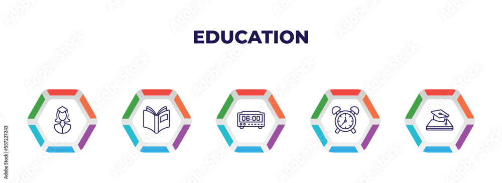 editable outline icons with infographic template. infographic for education concept. included scholar, open book black cover, digital timer, wake up, is an element of icons. editable outline icons with infographic template. infographic for education concept. included scholar, open book black cover, digital timer, wake up, is an element of icons.