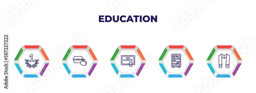 editable outline icons with infographic template. infographic for education concept. included proud, lunch, merit, library, sash icons.