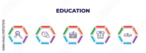 editable outline icons with infographic template. infographic for education concept. included sherlock holmes, love, school, alarm clock, shoe icons.