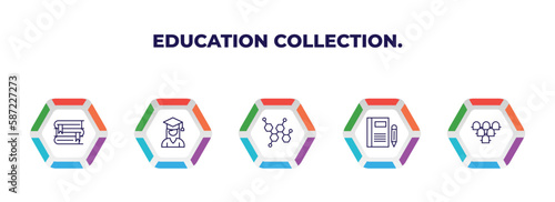 editable outline icons with infographic template. infographic for education collection. concept. included stack of books, college graduation, chemical content, closed book with marker, grandstand