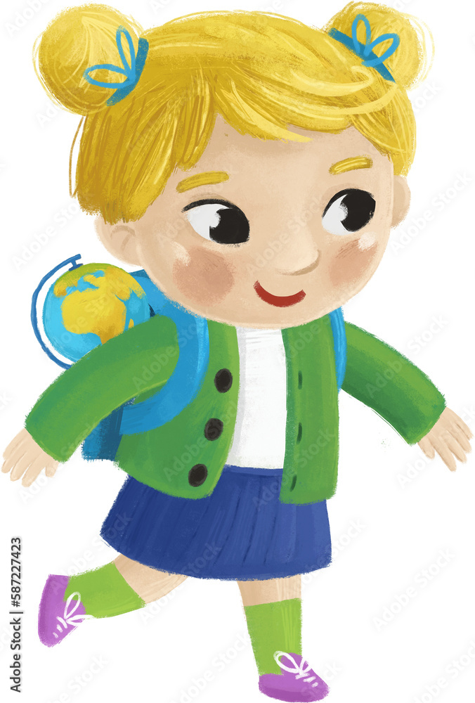 cartoon child kid girl pupil going to school learning with globe childhood illustration for kids cartoon child kid girl pupil going to school learning with globe childhood illustration for kids