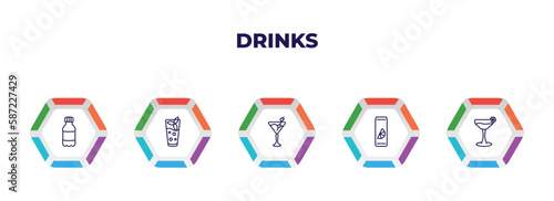 editable outline icons with infographic template. infographic for drinks concept. included mashing, mint julep, 007 martini, soda can, cosmopolitan icons.