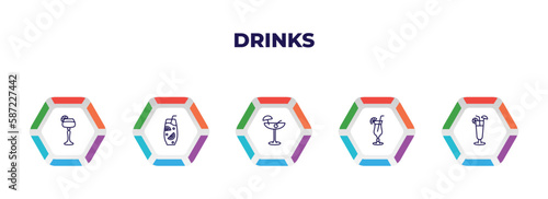 editable outline icons with infographic template. infographic for drinks concept. included sidecar drink, ice tea, pink rose, tropical itch, sex on the beach icons.