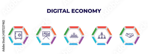 editable outline icons with infographic template. infographic for digital economy concept. included safebox, presentation, hierarchical structure, organization, deal icons.