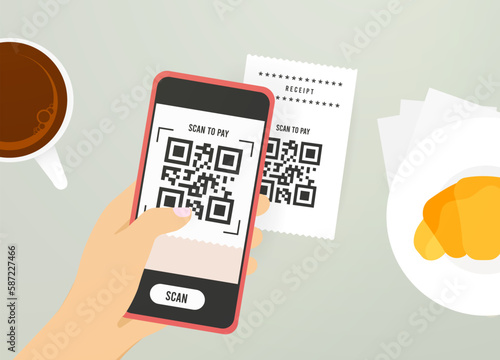 QR code payment concept. Hand holding smartphone that scans QR code on check for contactless payment in cafe. Convenience and speed of mobile payments. Suitable for e-commerce and finance visuals.