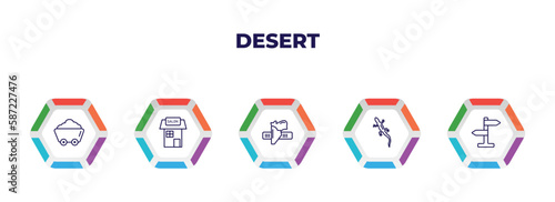 editable outline icons with infographic template. infographic for desert concept. included mine, salon, holster, lizard, icons.