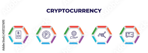 editable outline icons with infographic template. infographic for cryptocurrency concept. included invoice, coin, fintech industry, market trends, strongbox icons.