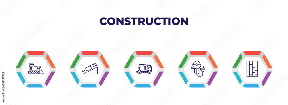 editable outline icons with infographic template. infographic for construction concept. included bulldozer, inclined, truck with crane, grinder, paver icons. editable outline icons with infographic template. infographic for construction concept. included bulldozer, inclined, truck with crane, grinder, paver icons.