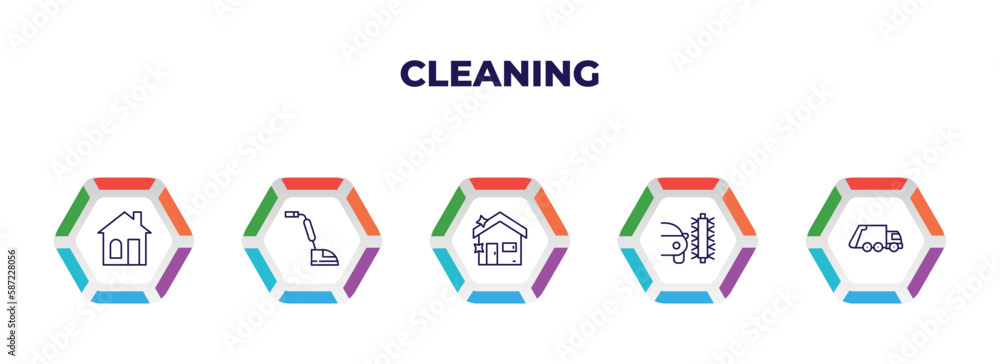 editable outline icons with infographic template. infographic for cleaning concept. included house, floor cleaner, house cleanin, clean car, garbage truck cleanin icons.