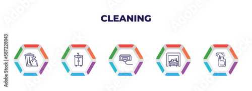 editable outline icons with infographic template. infographic for cleaning concept. included trash cleanin, sink, compress cleanin, clean cars, wiping sprayer icons.