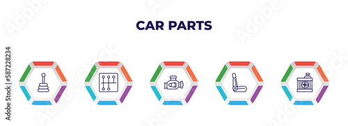 editable outline icons with infographic template. infographic for car parts concept. included car transmission, car gearbox, engine, bucket seat, radiator icons.