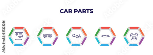 editable outline icons with infographic template. infographic for car parts concept. included car glove compartment, car cowl, tailpipe, silencer, fascia (british) icons.