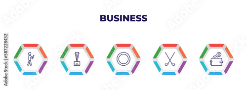 editable outline icons with infographic template. infographic for business concept. included man looking, lanyard, full circle, golf sticks, purpose of saving money icons.