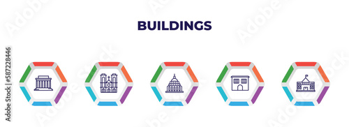 editable outline icons with infographic template. infographic for buildings concept. included lincoln memorial, notre dame, capitol building, prison, embassy icons.