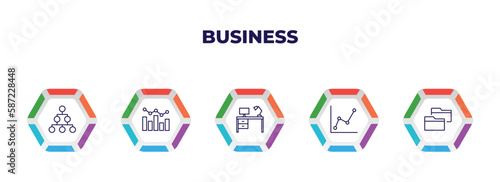 editable outline icons with infographic template. infographic for business concept. included hierarchical order, graphs, work table, graphic chart, two folders icons.