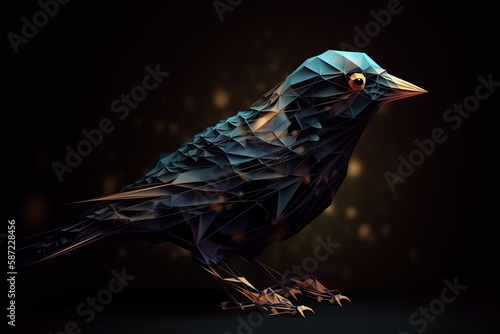 Futuristic glowing low poly flying bird, abstract dark bird isolated on dark background made with generative AI © Vitalii But