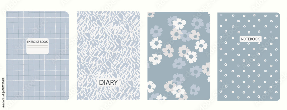 Set of cover page templates based on grid seamless patterns, spiral lines, flower pattern. Plaid backgrounds for school notebooks, diaries. Headers isolated and replaceable Set of cover page templates based on grid seamless patterns, spiral lines, flower pattern. Plaid backgrounds for school notebooks, diaries. Headers isolated and replaceable