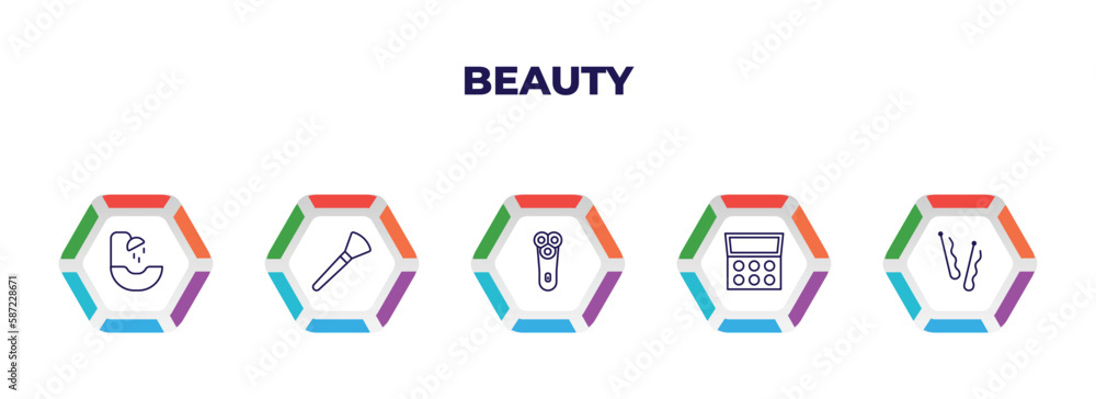 editable outline icons with infographic template. infographic for beauty concept. included hair washer sink, inclined makeup brush, electric shaver, eye shadow, bobby pins icons.