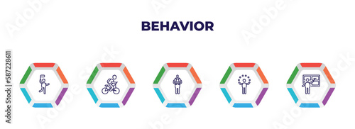 editable outline icons with infographic template. infographic for behavior concept. included man with flag, man cycling, piggyback a kid, circus man, window cleaning icons.