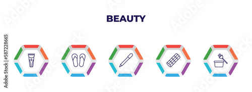 editable outline icons with infographic template. infographic for beauty concept. included hair razor, two flip flops, eye pencil, curler with pin, tint bowl icons.