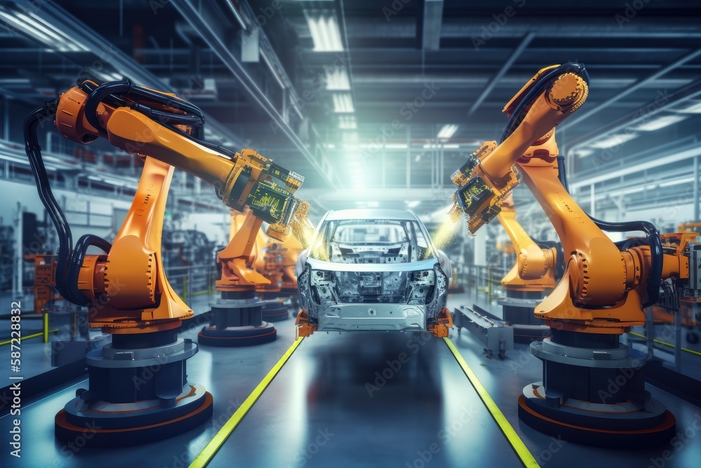 Car factory digitalization Industry 4.0 Concept-automated robot arm assembly line manufacturing High-Tech green energy electric vehicles Car factory digitalization Industry 4.0 Concept-automated robot arm assembly line manufacturing High-Tech green energy electric vehicles