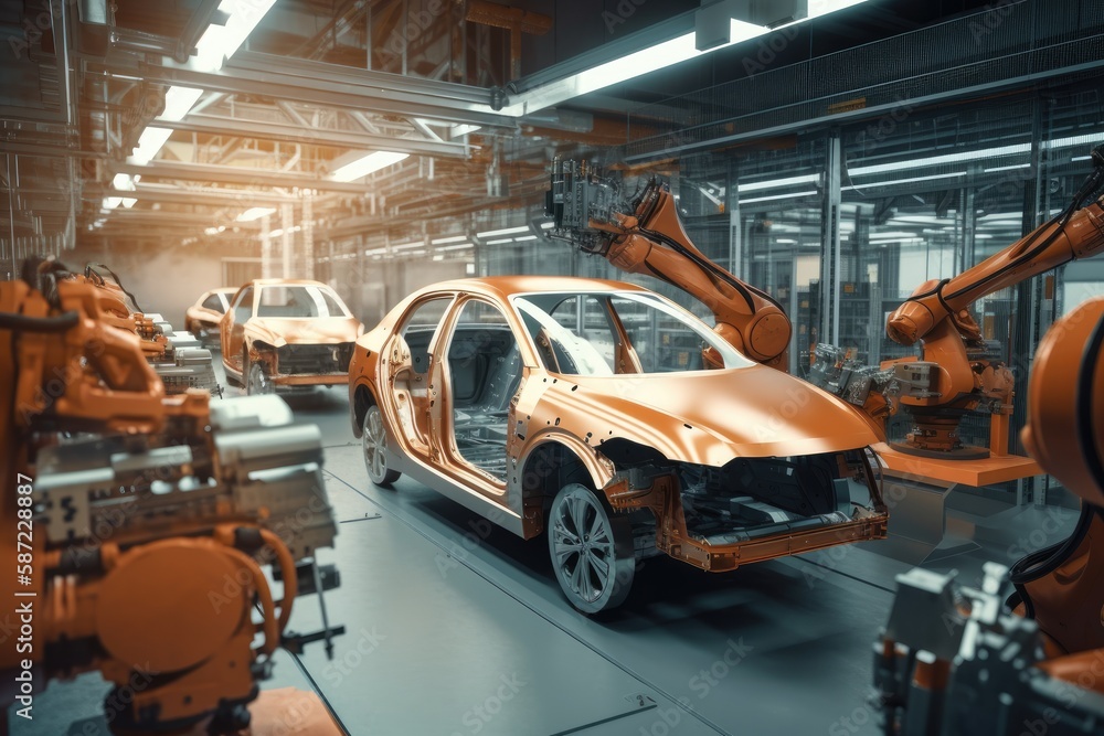 Car factory digitalization Industry 4.0 Concept-automated robot arm assembly line manufacturing High-Tech green energy electric vehicles