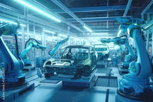 Car factory digitalization Industry 4.0 Concept-automated robot arm assembly line manufacturing High-Tech green energy electric vehicles © Tixel