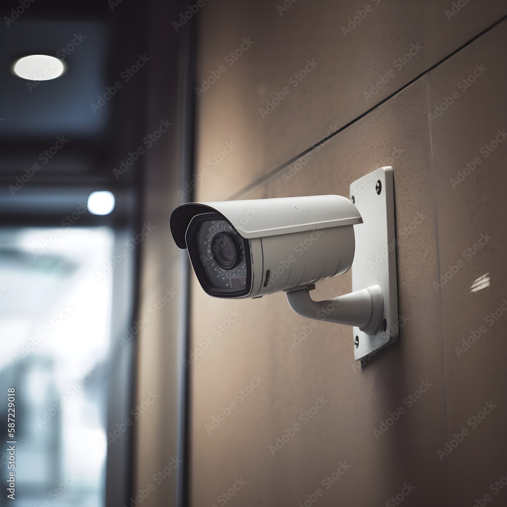 A CCTV surveillance camera mounted on a wall in a public space, Generative AI