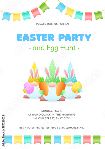 Easter Party and Egg Hunt invitation template. Cute spring background with funny gnomes and bunting flags. Vector 10 EPS.