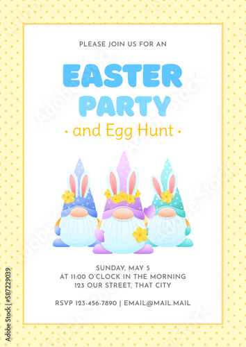 Easter Party and Egg Hunt invitation template. Cute spring background with funny gnomes and dotted frame. Vector 10 EPS.
