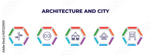 editable outline icons with infographic template. infographic for architecture and city concept. included street, parking lights, gazebo, garage door, paifang icons.