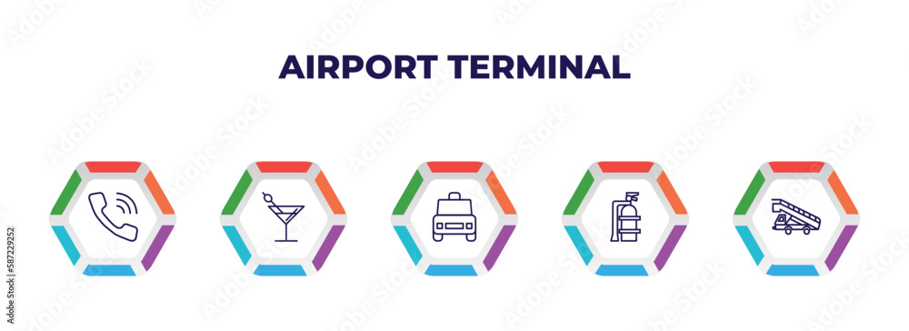 editable outline icons with infographic template. infographic for airport terminal concept. included telephone, martini with olive, airport taxi, extinguisher, gangway truck icons. editable outline icons with infographic template. infographic for airport terminal concept. included telephone, martini with olive, airport taxi, extinguisher, gangway truck icons.
