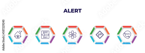 editable outline icons with infographic template. infographic for alert concept. included water hose, keep left, medical, turn right, sos icons.