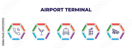 editable outline icons with infographic template. infographic for airport terminal concept. included telephone, martini with olive, airport taxi, extinguisher, gangway truck icons.